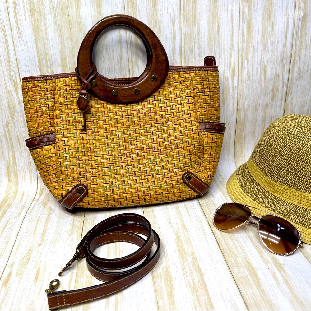 Fossil Woven Wood Handle Leather Detailed Hand Bag w/ Multi Color InnerWoven